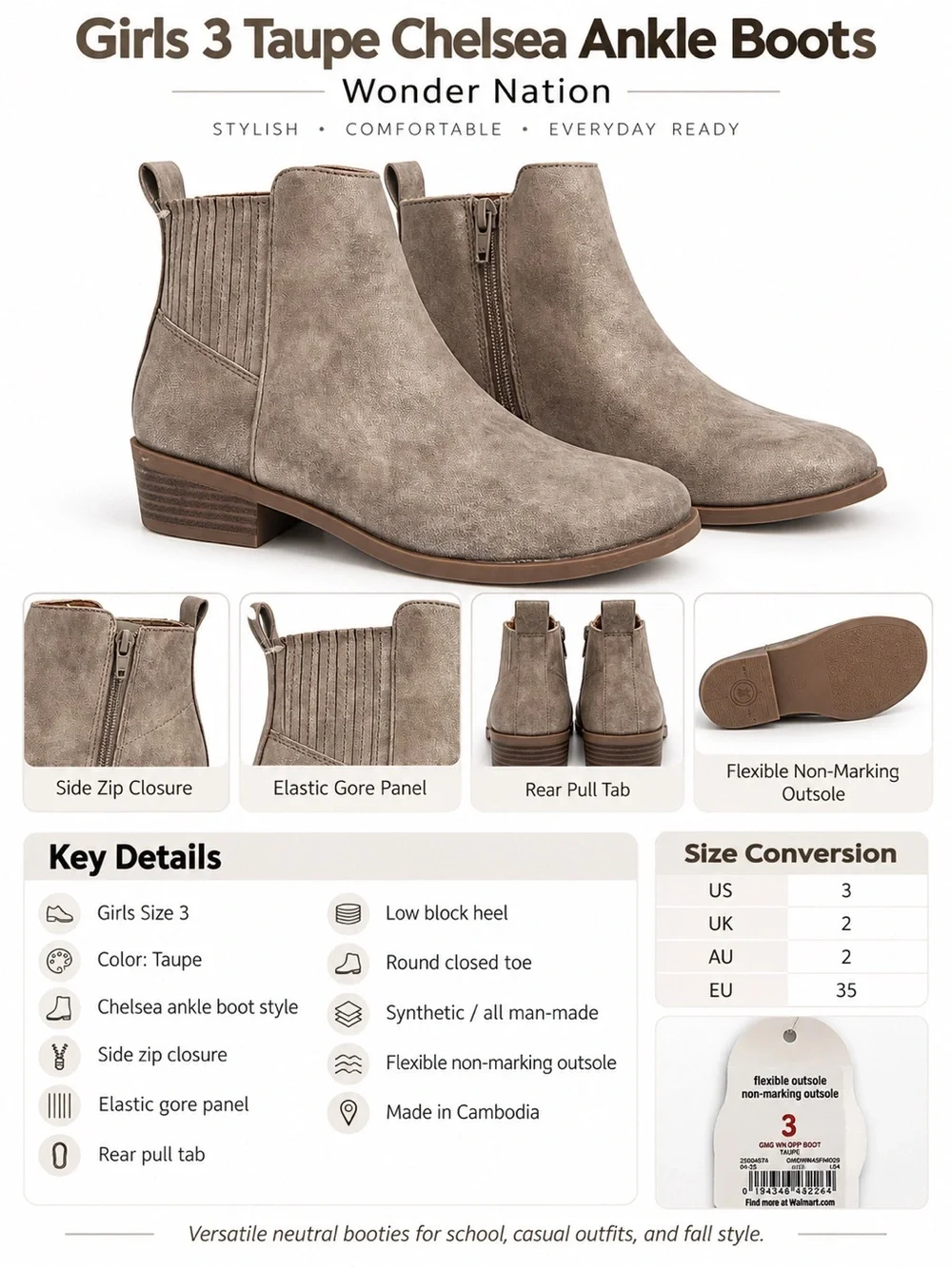 Girls 3 Taupe Chelsea Ankle Boots Side Zip Elastic Gore Block Heel Booties Shoes